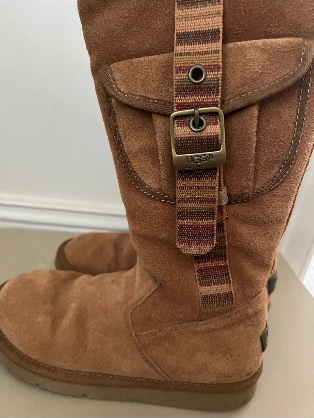 UGG Tall Chestnut Brown Suede Shearling Boots with Side Pocket Strap